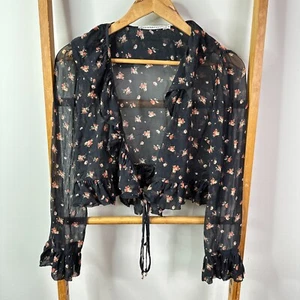 Hansen & Gretel Top Womens Medium Silk Black Floral Print Sheer Long Sleeve - Picture 1 of 11