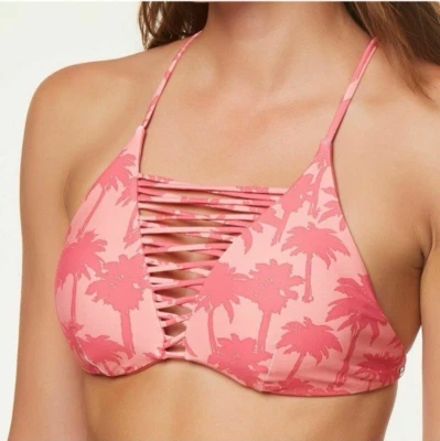NWT $54 ONEILL "PALM" STRAPPY HI NECK CORAL TREE PRINT  SWIM BIKINI TOP S - Image 1 of 4