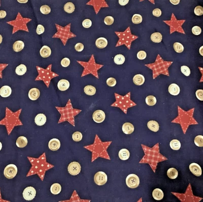 1.5 yds Fabric Traditions 1993 Pat 2040, buttons & red stars on Navy background - Image 1 of 3