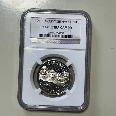 1991 S PROOF MOUNT RUSHMORE SILVER HALF DOLLAR NGC PF 69 ULTRA CAMEO (060) - Image 1 of 2