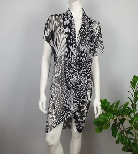 Lovers Brand Size 10 Short Tunic Dress Draped Cowl Neck Sheer Mesh White Black - Picture 1 of 11
