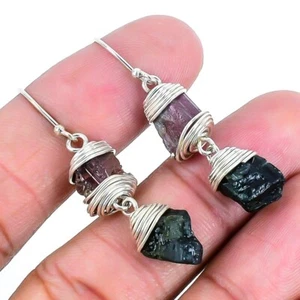 Natural Tourmaline rough Sterling Silver Daughter Dangle Root Chakra Earrings - Picture 1 of 7