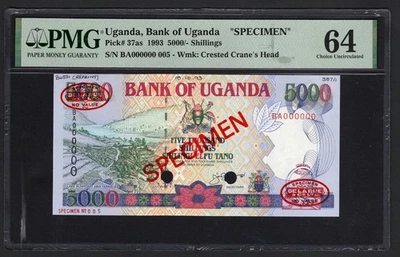 Uganda 5000 Shillings 1993 P37as "Specimen N.005"  Uncirculated Grade 64 Top Pop - Image 1 of 2