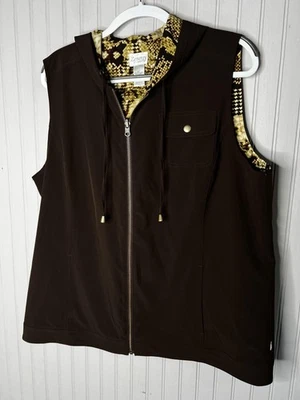 Chicos Zenergy Chaleco Mujer XL Marrón Con Capucha Cremallera Reversible Estampado Serpiente Bolsillos Foto 1 de 4