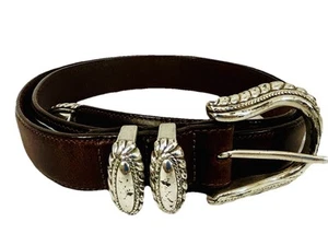 Brighton Women's 44907 Brown Leather Silver Western Metal Belt Sz XXL USA - Picture 1 of 4