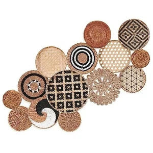  Set of 14 Boho Wall Basket Decor Round Flat Bamboo Rattan Basket Decorative  - Picture 1 of 8