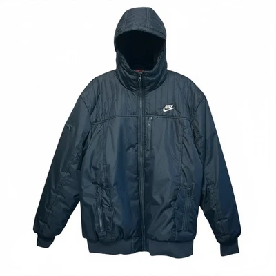 Nike Fleece Lined Full Zip Hooded Bomber Jacket Men's Sz 2XL Navy Blue Y2K Retro - Image 1 of 4