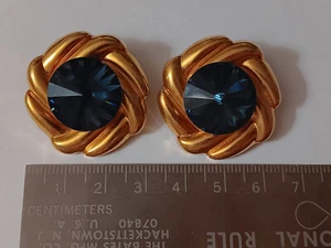 Veronique Clip on Earrings, Goldtone with Cobalt Color Rhinestone - Picture 1 of 7