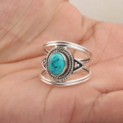925 Sterling Silver Turquoise Oval Women's Thumb Beautiful Handmade Ring  SP4096 Foto 1 de 4