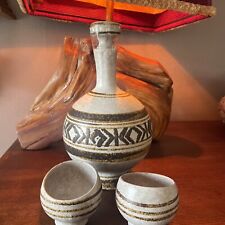 Mid Century Modern Stoneware Pottery Sake Set Glazed MCM Decanter & Two Cups