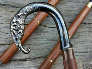 Vintage Wooden Cane Walking Stick Designer Brass Elephant Handle Antique Finish - Picture 1 of 4