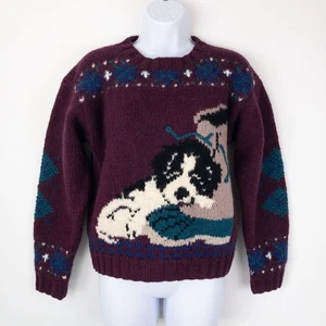 VTG Woolrich Sweater Womens Small Purple Puppy Dog Boot 100% Wool Grandma - Picture 1 of 8