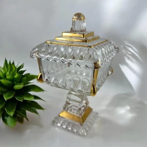 Jeannette Glass Clear Gold Wedding Bowl Box Candy Dish Preserve Stand Compote - Picture 1 of 10