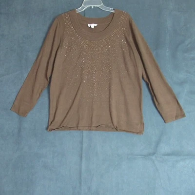 Suéter Quacker Factory Para Mujer Grande Marrón Tejido Pullover Tachonado Momcore Vacaciones Foto 1 de 4