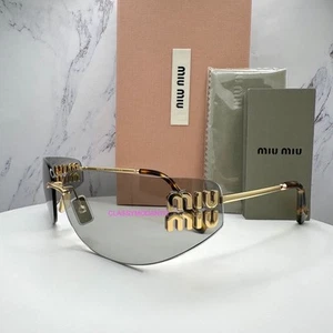MIU MIU Logo Sunglasses MUA51S 5AK50K Gold Gray Lens Wrap Shield Runway Rimless - Imagen 1 de 23