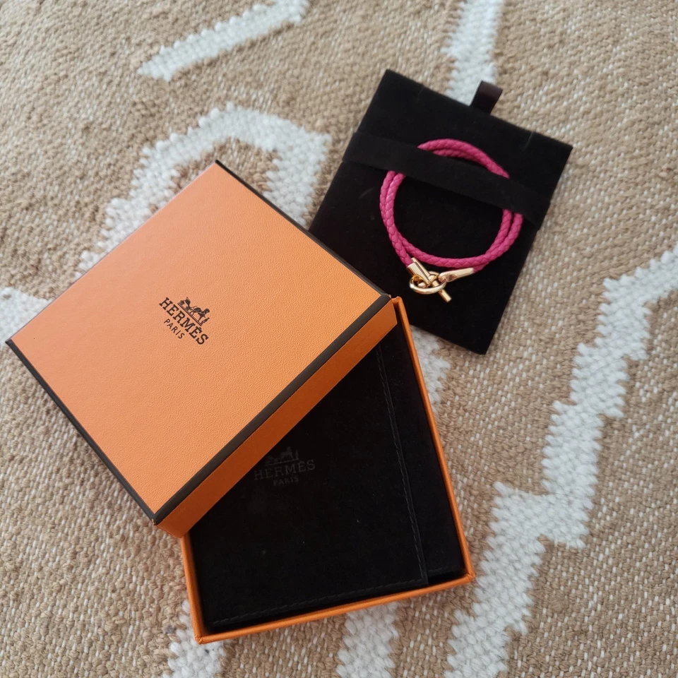 Auténtico Brazalete Hermès Glenan Doble Tour Rosa Caliente Trenzado Piel de becerro Oro Rosa Foto 1 de 3