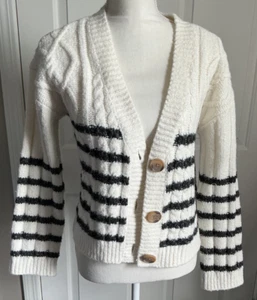 Lucky Brand Womens White & Blue Striped Button Up Cardigan Sweater Small - Picture 1 of 10