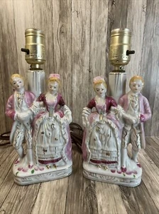 Electric Lamp Porcelain Colonial Couple Pinks Gold Accents 9.75" Vintage - Picture 1 of 3