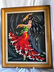 VINTAGE FRAMED 1970'S FEMALE FLAMENCO DANCER FINISHED NEEDLEPOINT -FREE SHIP - Picture 1 of 10