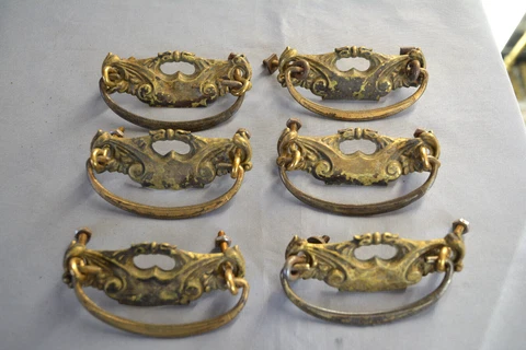 SET 6 ANTIQUE 19TH CENTURY PRESSED BRASS & IRON DRESSER DRAWER BAIL PULLS (H9) Cover