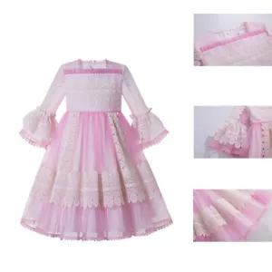 Abito vestito bambina rosa ricamato con fiocco pizzo cerimonia matrimonio età 2-14 - Foto 1 di 11