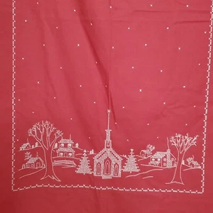 Vintage Cross Stitch Tablecloth Church Village Scene Christmas Trees Red White - Picture 1 of 4