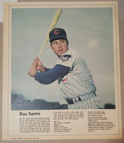 Rare 1969 Chicago Today Cubs Poster Newspaper Insert Ron Santo 11 x 13" EX Cover