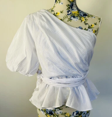 MINK PINK Ladies Size M Medium Top White One Shoulder Puff Sleeve Waist Tie Foto 1 de 4
