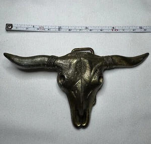 5” Vintage Texas Longhorn Steer Cow Skull Figural Brass Belt Buckle - Picture 1 of 5