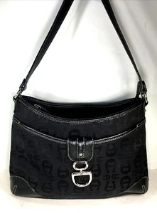 Etienne Aigner Black Signature Fabric with Faux Leather Shoulder Bag - Picture 1 of 12