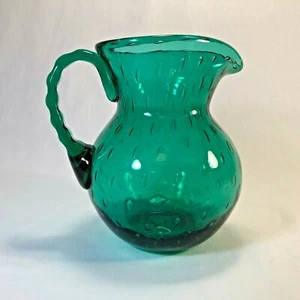 Vintage Artisan Handblown Green Glass Pitcher with Seed Bubbles 6" Tall - Picture 1 of 7
