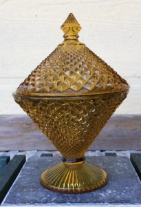 Vintage Amber Diamond Cut MCM Glass Lidded Pedestal Candy Compote Dish - Picture 1 of 10
