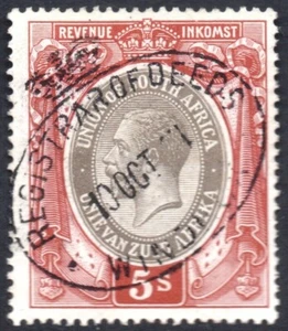 South West Africa, Forerunner Revenue, 5s South Africa, 1921 WINDHUK cancel - Picture 1 of 1