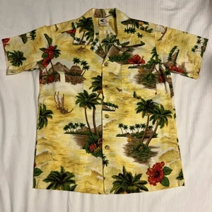 Vintage Nui Nalu Hawaiian Shirt Boys Size 8 Beach Hula Palm Trees Yellow - Picture 1 of 8