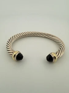 David Yurman 925 Silber & 14k Gold 7mm Kabel klassisch schwarzer Onyx Manschette Armband - Bild 1 von 8