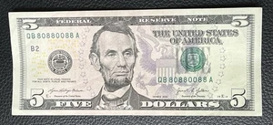 FANCY SERIAL NUMBER $5 DOLLAR BILL 8’s & 0’s UNITED STATES FIVE DOLLAR 80880088 - Picture 1 of 4