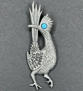 Vintage Roadrunner Pin with Faux Turquoise Eye - Silver Tone - Signed Ritter - Picture 1 of 3