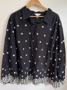 Adiva Blouse Womens 3X Black Embroidered Daisy Tunic Button Up Cotton Boho - Picture 1 of 11