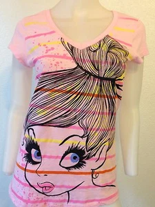 NW DISNEY PINK STIRPE TINKERBELL SPLATTER V-NECK T-SHIRT TOP JAPAN KAWAII MEDIUM - Picture 1 of 6