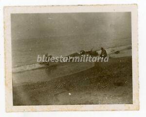 WWII Photo Crashed German Fighter Plane on Beach Original Snapshot