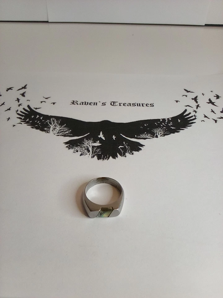 Anillo con carcasa de abulón de acero inoxidable tamaño 9 Foto 1 de 4