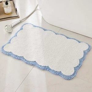 Luxury White Bath Rug with Blue Piping, Anti-Slip, Absorbent, 26x16 Inch - Picture 1 of 7