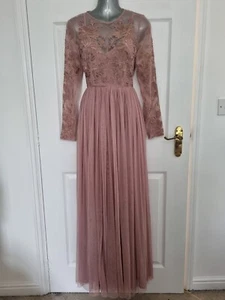 ASOS ABITO DAMIGELLA MAXI MANICA LUNGA ORO ROSA TAGLIA 8 TULLE PROM - Foto 1 di 9