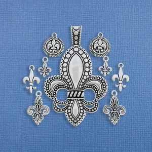 Fleur de Lis Charm Collection Antique Silver Tone 9 Charms - COL215 - Picture 1 of 2