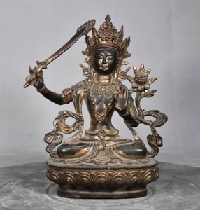 Antiguo templo budista tibetano de 8,7" de China bronce dorado estatua de Bodhisattva Manjusri - Imagen 1 de 9