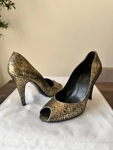 CHANEL Metallic Gold Python Snakeskin Leather CC Logo Peep Toe Heels Pumps, 39 - Picture 1 of 11