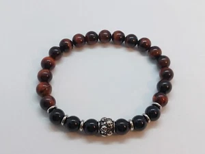 Red Tigers Eye & Black Agate Gemstone Stainless Steel Skull Bead Men's Bracelet - Picture 1 of 4