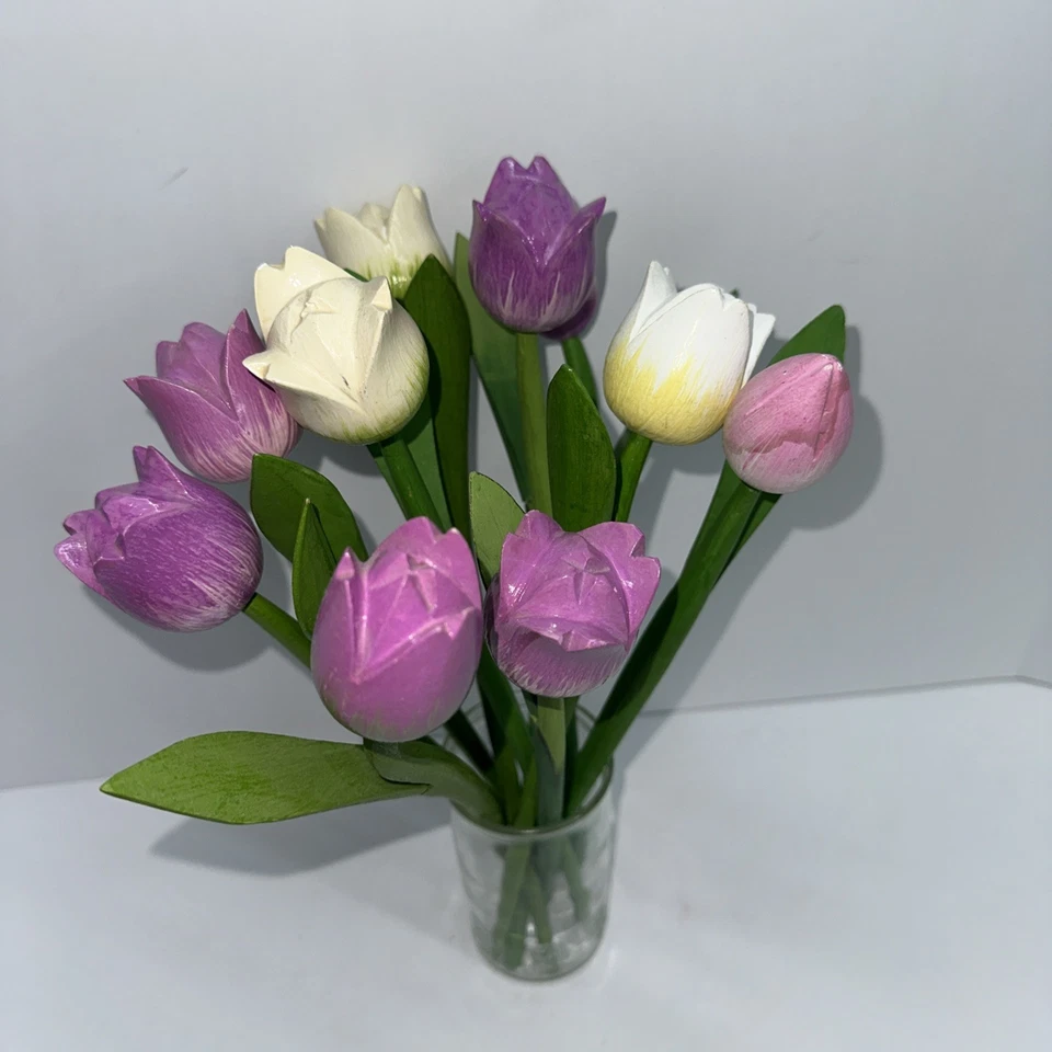 Tulipanes de madera, juego de 10 tulipanes de primavera, decoración de mesa de flores de 13”, madera hecha a mano Foto 1 de 4