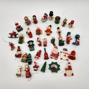 Vintage Wooden Christmas Ornaments Mixed Holiday Figurines Set 30+ Snowman Santa - Picture 1 of 6