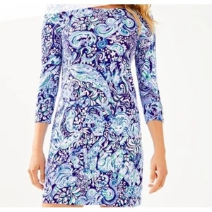 Lilly Pulitzer Sophie Dress 60 animals Women's Blue White Print 3/4 Sleeve Sz L - Picture 1 of 13